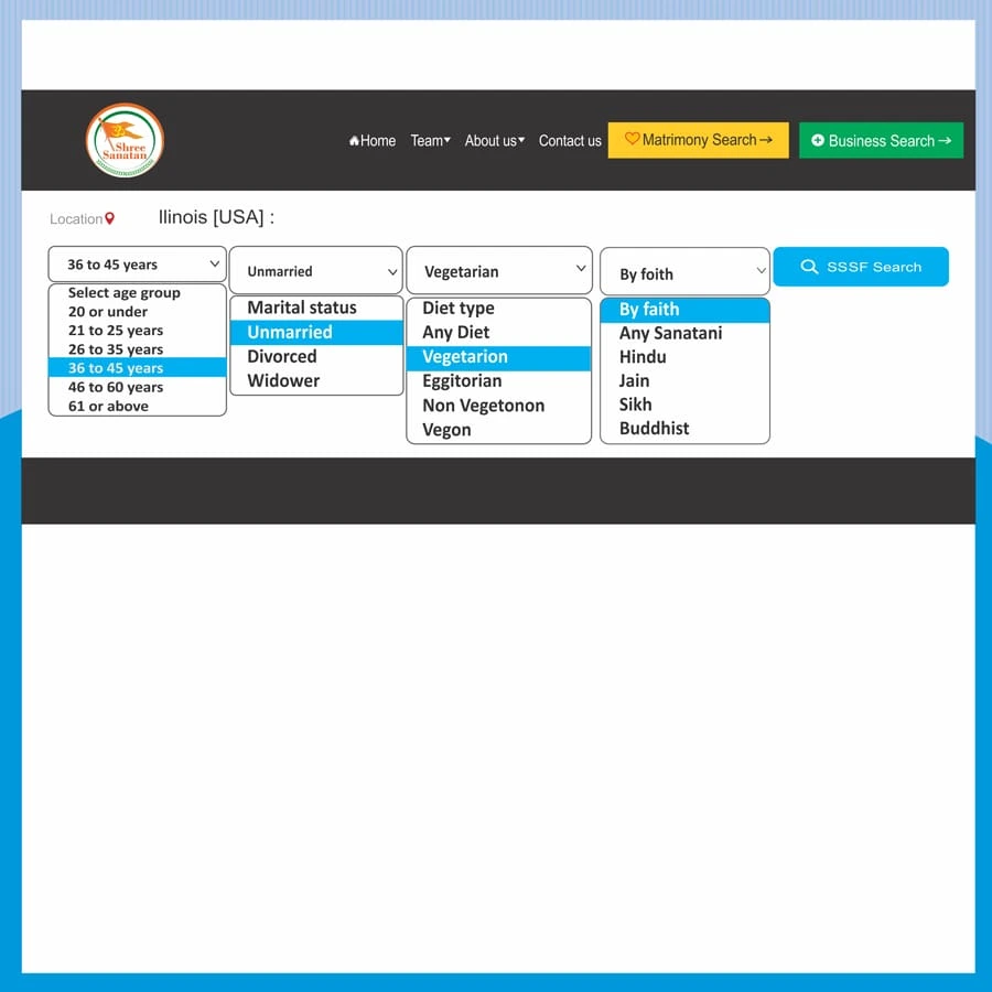 Sample of matrimonial search options.