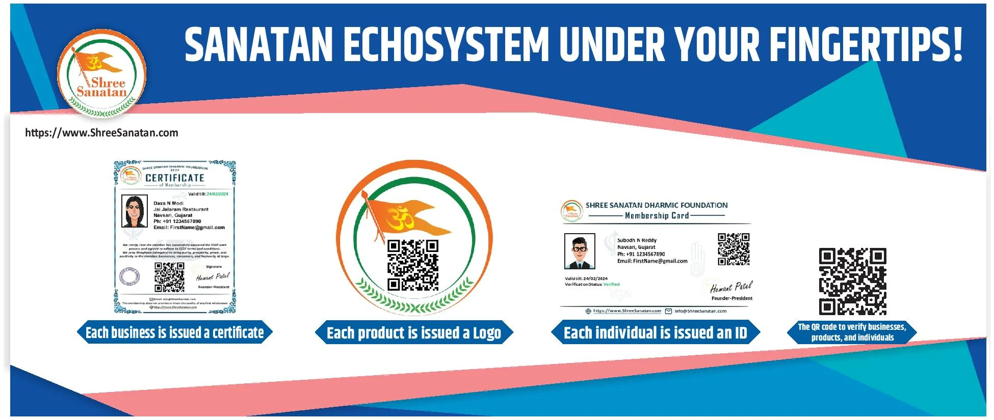 Sanatan ecosystem for members with certification, ID card, product logo and QR verification.